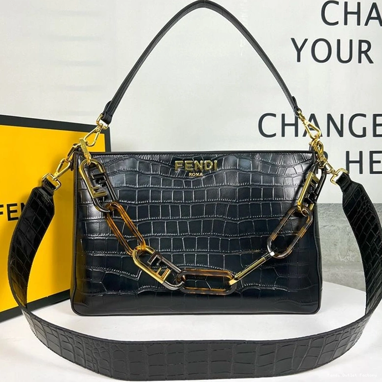 Vintage HOT Leather Bag Crocodile In Fendi Black Shoulder Zip O'Lock 0809